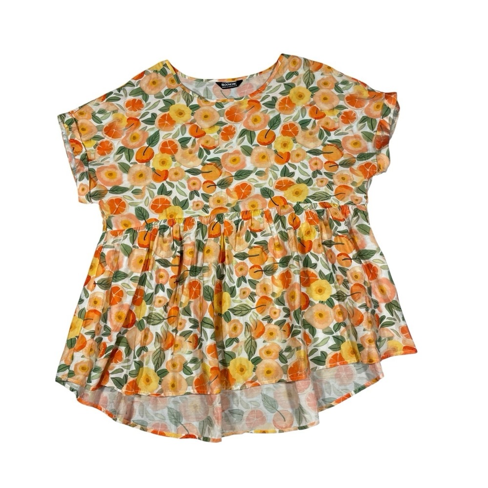 Bloomchic Floral Babydoll Blouse Orange Yellow Peplum Short Sleeve